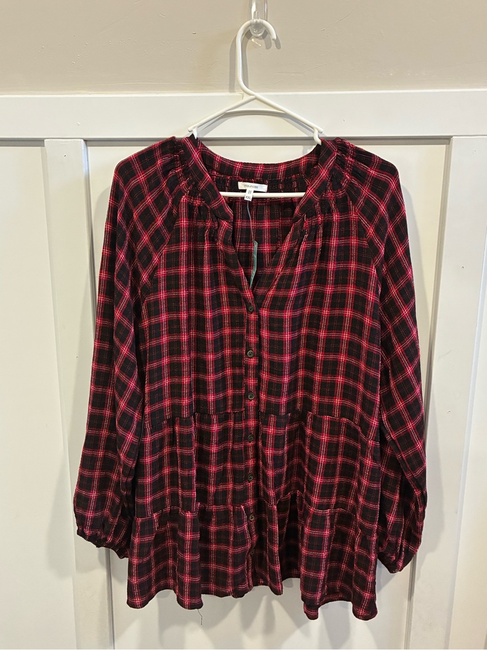Maurices Red and Black Plaid Button-Front Tunic